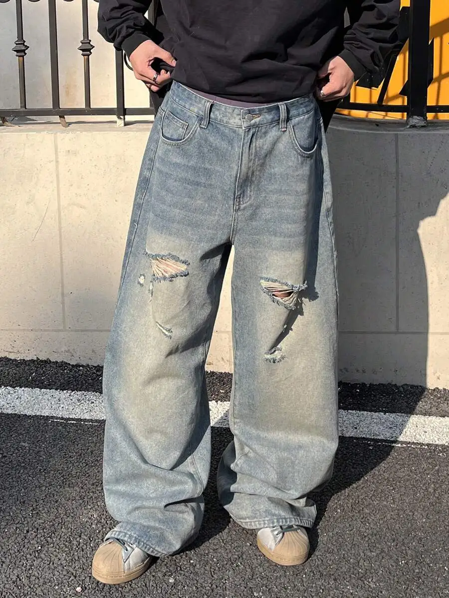 ダークブルー ヴィンテージ ウォッシュ ルーズフィット ワイドレッグ デニムジーンズ