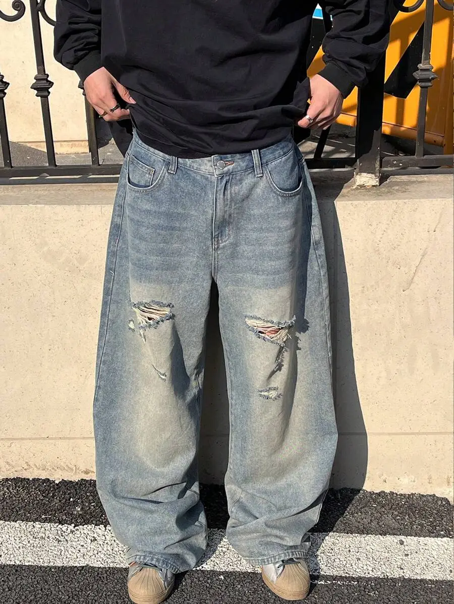 ダークブルー ヴィンテージ ウォッシュ ルーズフィット ワイドレッグ デニムジーンズ