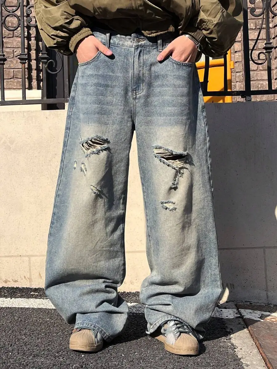 ダークブルー ヴィンテージ ウォッシュ ルーズフィット ワイドレッグ デニムジーンズ