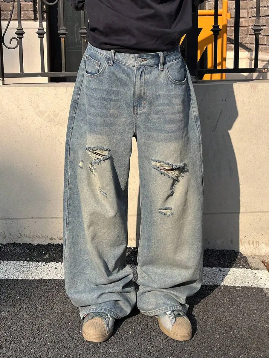 ダークブルー ヴィンテージ ウォッシュ ルーズフィット ワイドレッグ デニムジーンズ