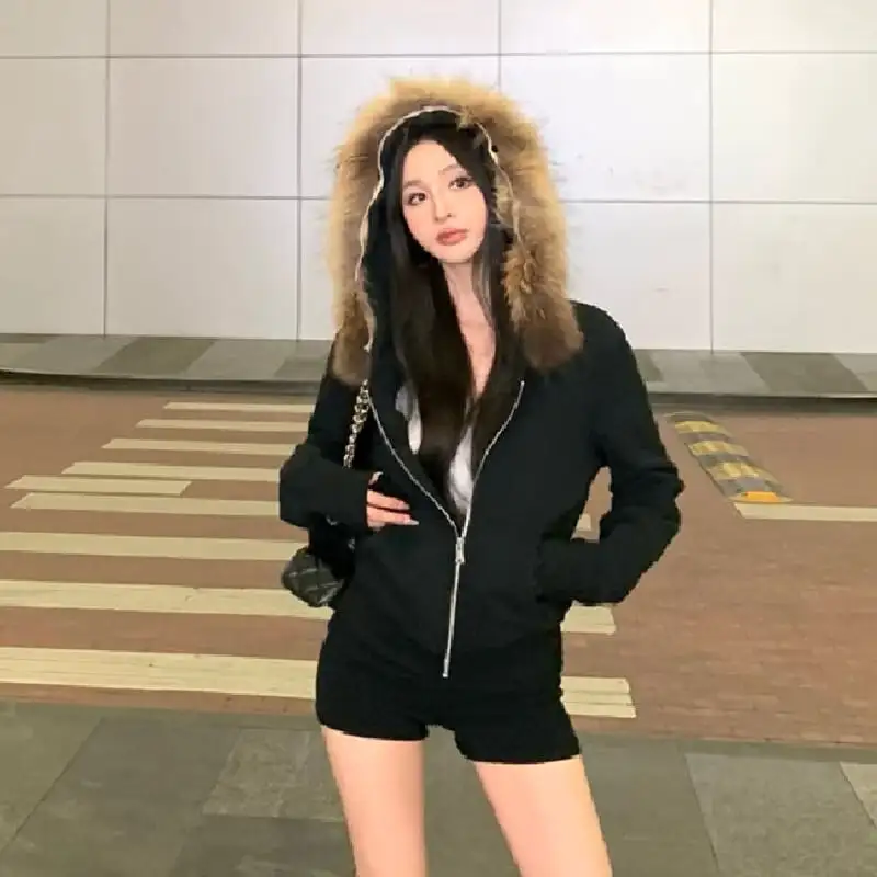 ジップアップパーカー フード付き フェイクファー ブラック グレー