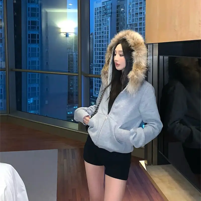 ジップアップパーカー フード付き フェイクファー ブラック グレー