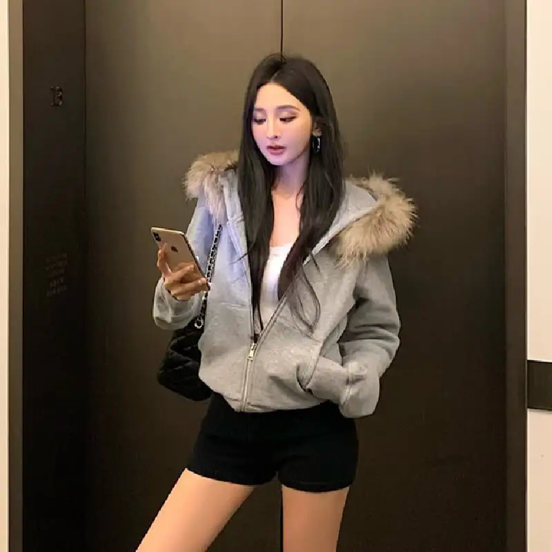 ジップアップパーカー フード付き フェイクファー ブラック グレー