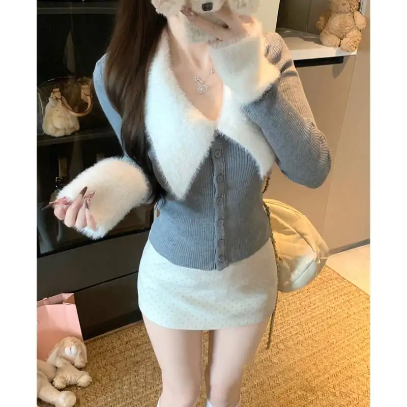 3colors トップス ニット 折り襟デザイン ウエストイン キャラメル色 グレー ピンク