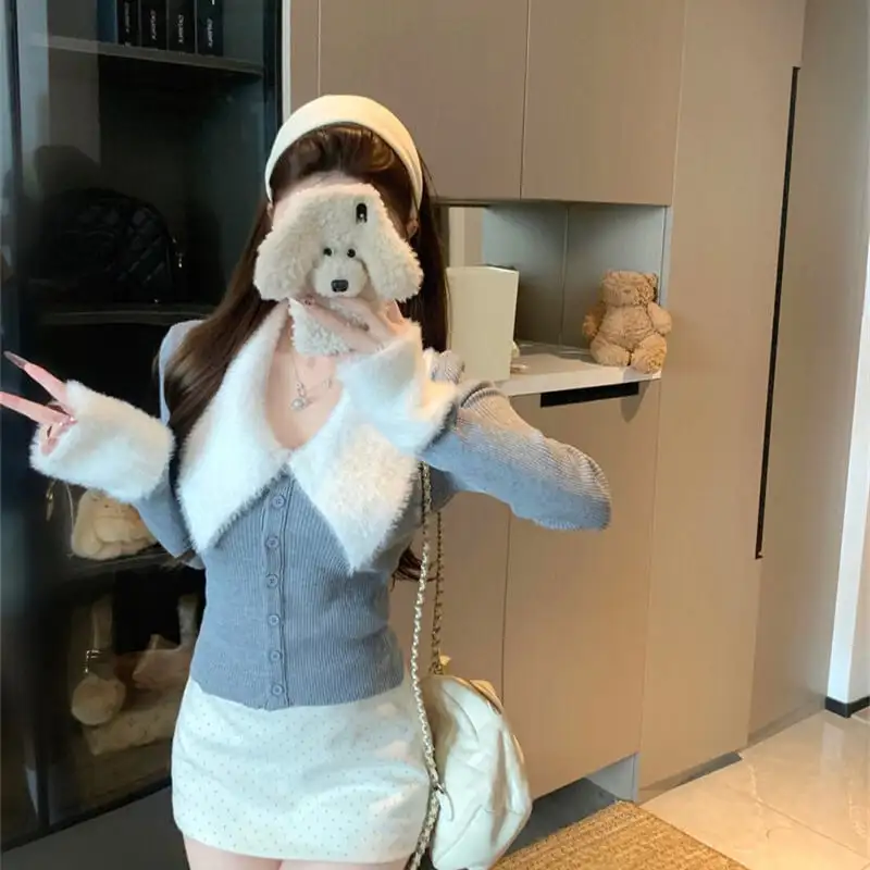 3colors トップス ニット 折り襟デザイン ウエストイン キャラメル色 グレー ピンク