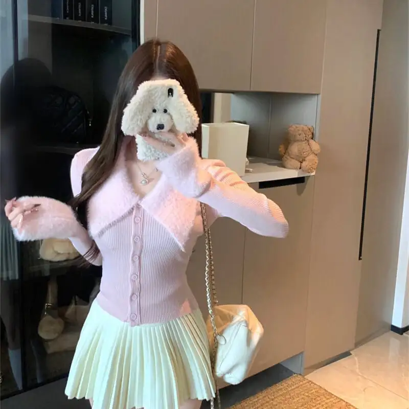 3colors トップス ニット 折り襟デザイン ウエストイン キャラメル色 グレー ピンク