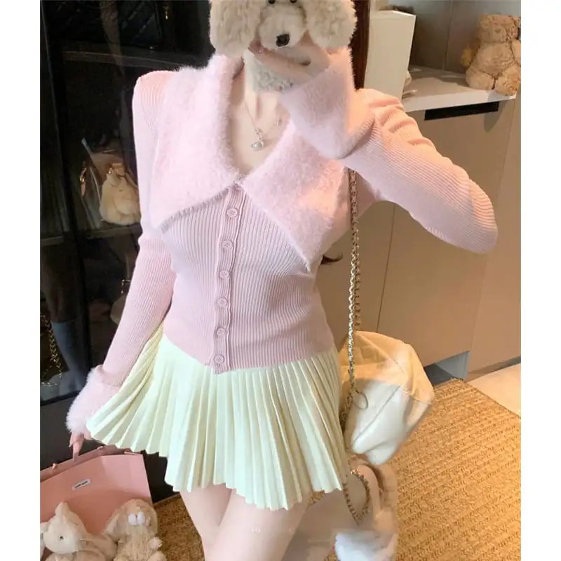 3colors トップス ニット 折り襟デザイン ウエストイン キャラメル色 グレー ピンク