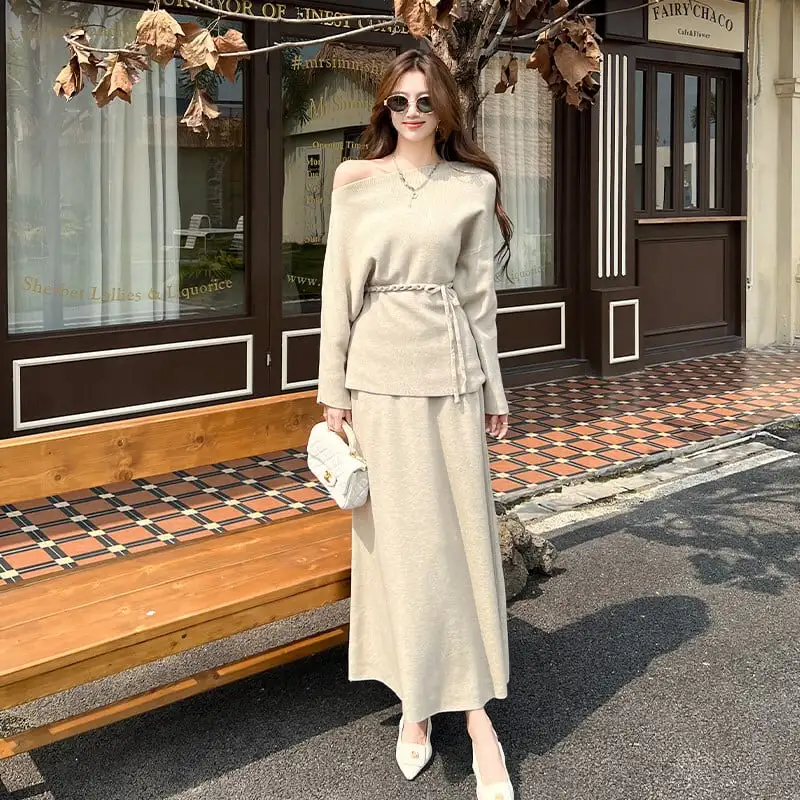 セットアップ ニット オフショルダー トップス+スカート ダークベージュ ブラック