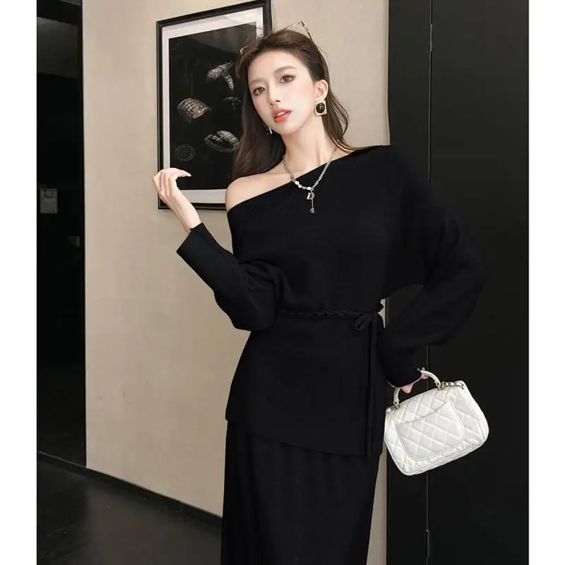 セットアップ ニット オフショルダー トップス+スカート ダークベージュ ブラック