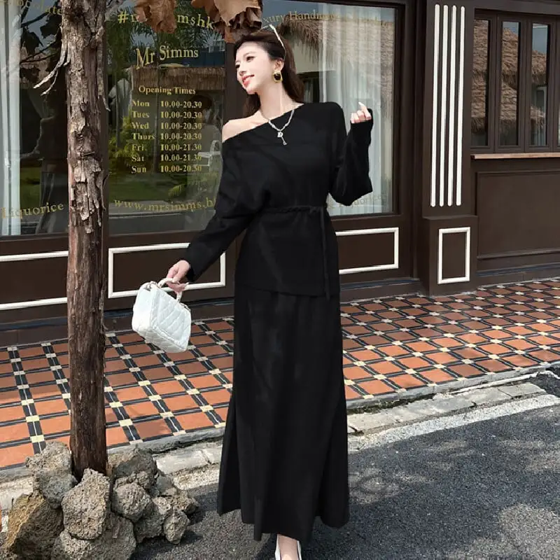 セットアップ ニット オフショルダー トップス+スカート ダークベージュ ブラック