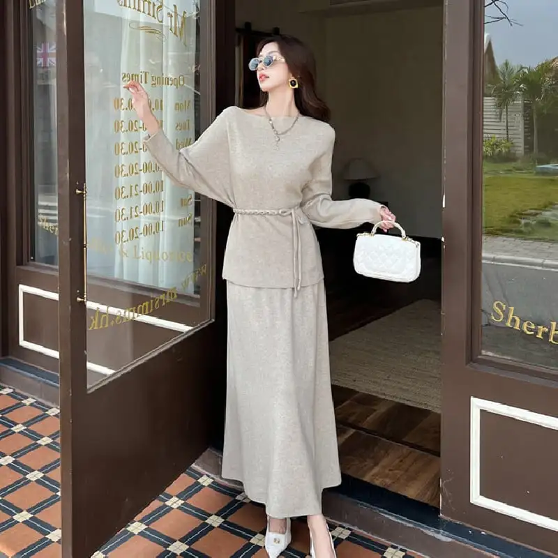 セットアップ ニット オフショルダー トップス+スカート ダークベージュ ブラック