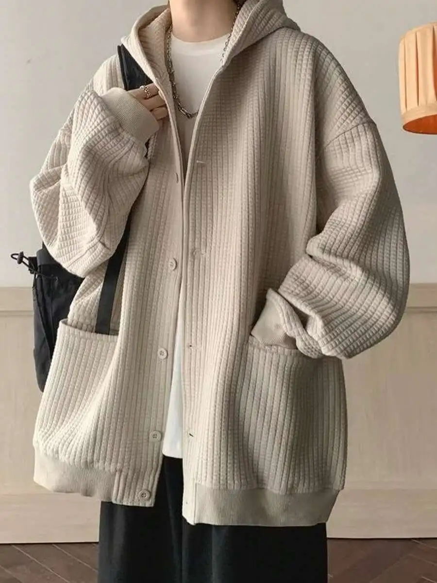 ワッフル編み フード カーディガン ルーズ トップス