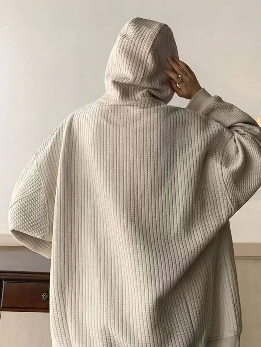 ワッフル編み フード カーディガン ルーズ トップス