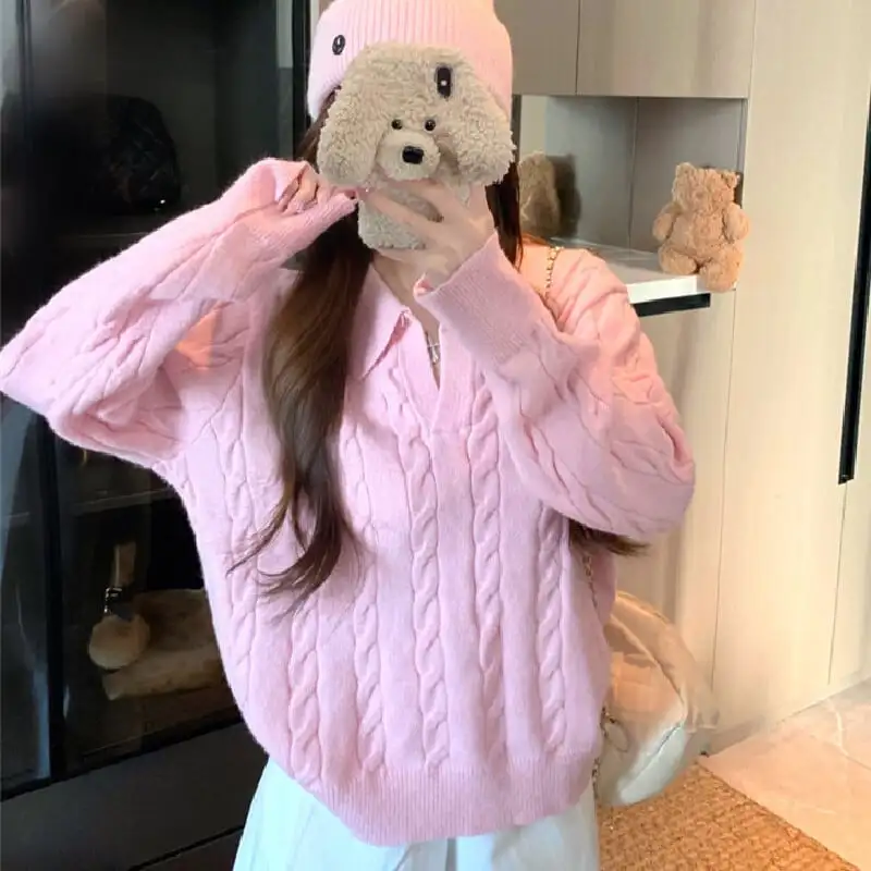 トップス セーター POLOネック ゆったり ケーブルニット