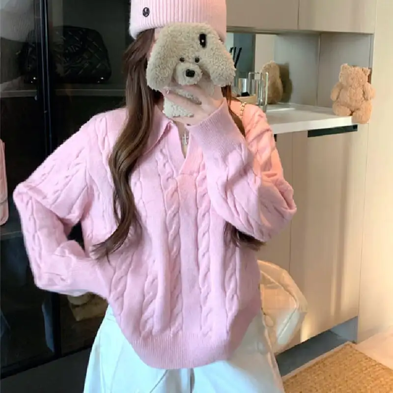 トップス セーター POLOネック ゆったり ケーブルニット