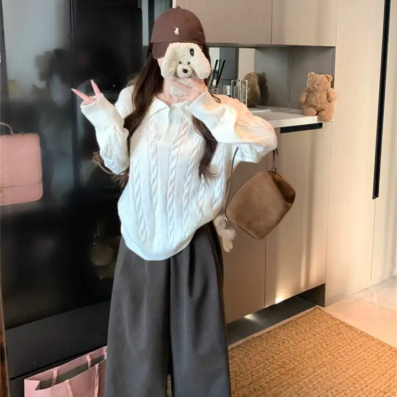 トップス セーター POLOネック ゆったり ケーブルニット