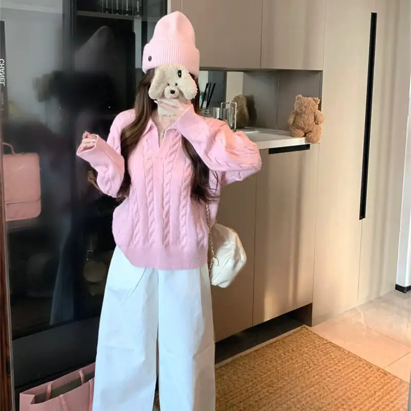 トップス セーター POLOネック ゆったり ケーブルニット