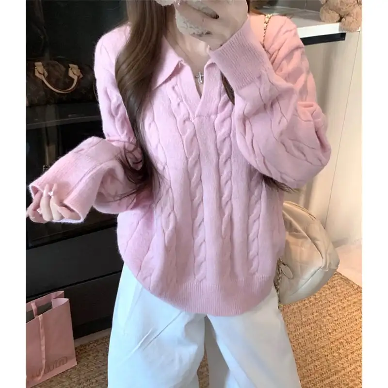 トップス セーター POLOネック ゆったり ケーブルニット