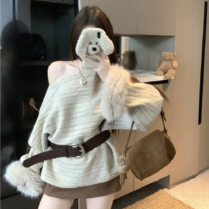 トップス ニットセーター オフショルダーダークグレー ライトブラウン