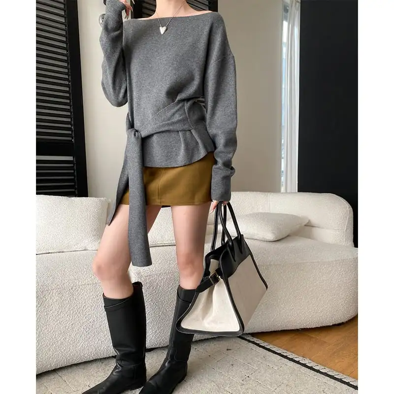 トップス ニット セーター タイで絡む すっきり シルエット