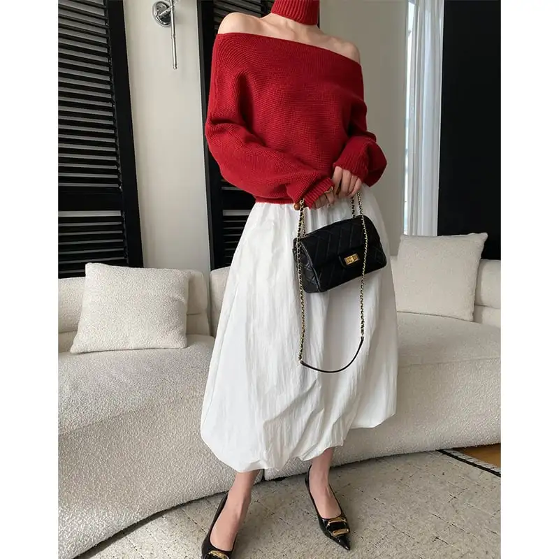 トップス ニットセーター ネックウォーマー付き オフショルダー レッド