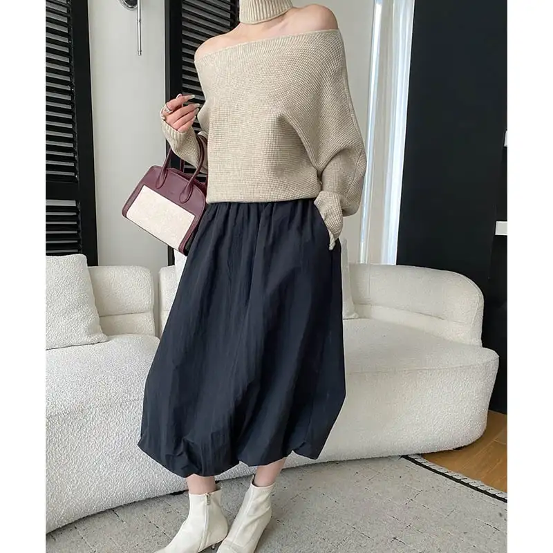 トップス ニットセーター ネックウォーマー付き オフショルダー レッド