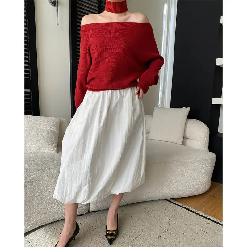 トップス ニットセーター ネックウォーマー付き オフショルダー レッド