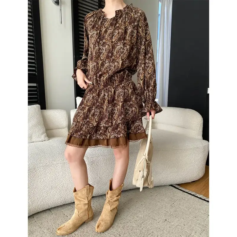 ワンピース プリント ボヘミアン コーヒー色