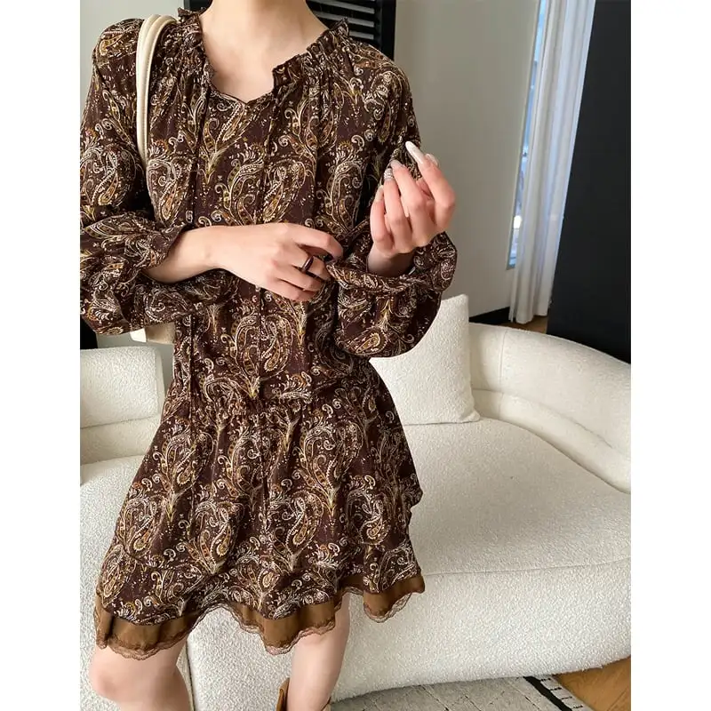 ワンピース プリント ボヘミアン コーヒー色