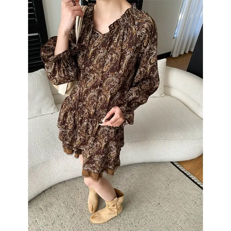 ワンピース プリント ボヘミアン コーヒー色