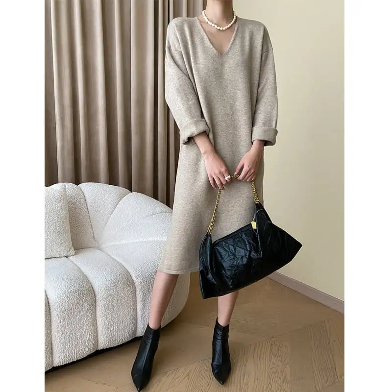 2colors ワンピース ニット Vネック 無地 ゆったり ブラック ダークベージュ