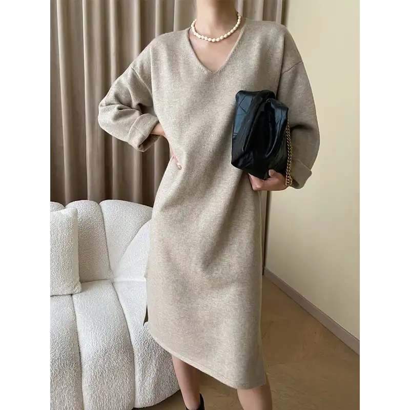 2colors ワンピース ニット Vネック 無地 ゆったり ブラック ダークベージュ