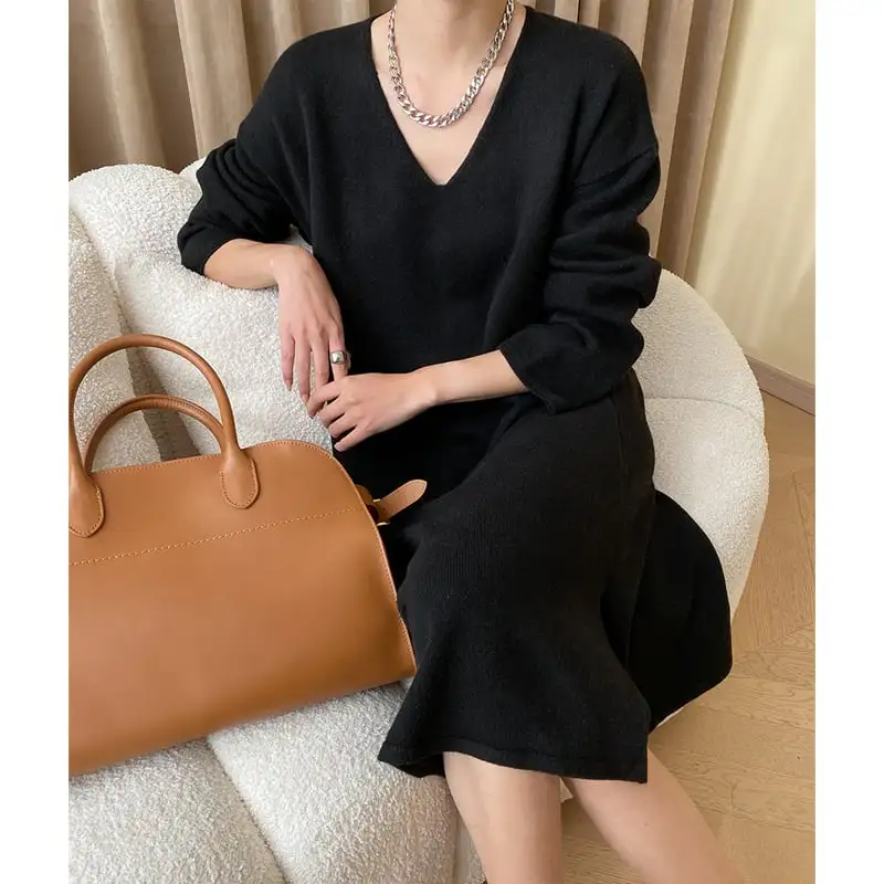 2colors ワンピース ニット Vネック 無地 ゆったり ブラック ダークベージュ