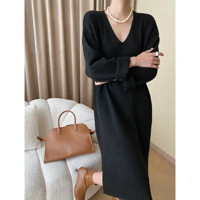 2colors ワンピース ニット Vネック 無地 ゆったり ブラック ダークベージュ