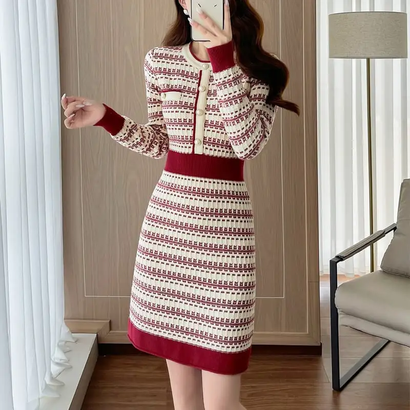 ワンピース ニット ラウンドネック ハイウエスト 配色 レッド