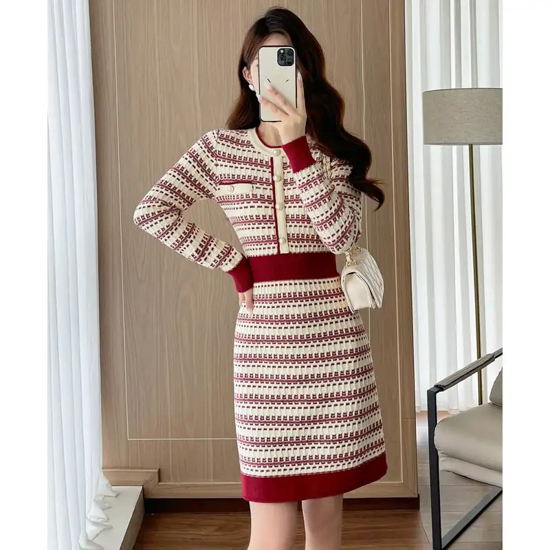 ワンピース ニット ラウンドネック ハイウエスト 配色 レッド