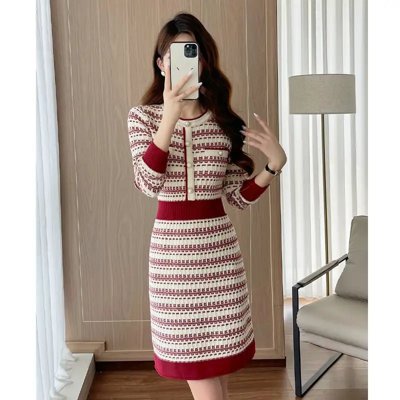 ワンピース ニット ラウンドネック ハイウエスト 配色 レッド