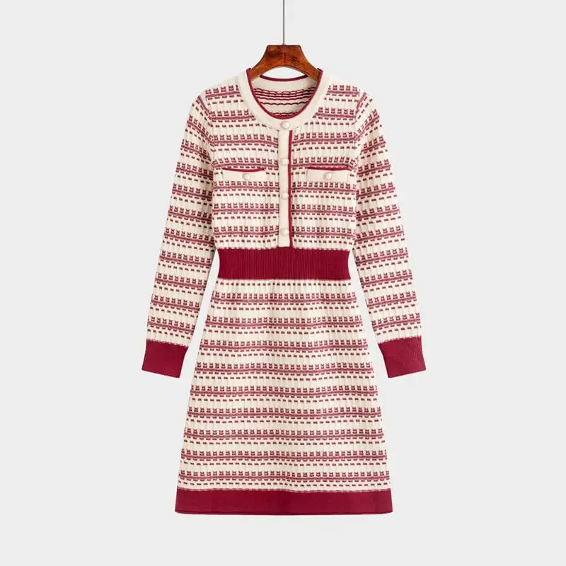 ワンピース ニット ラウンドネック ハイウエスト 配色 レッド