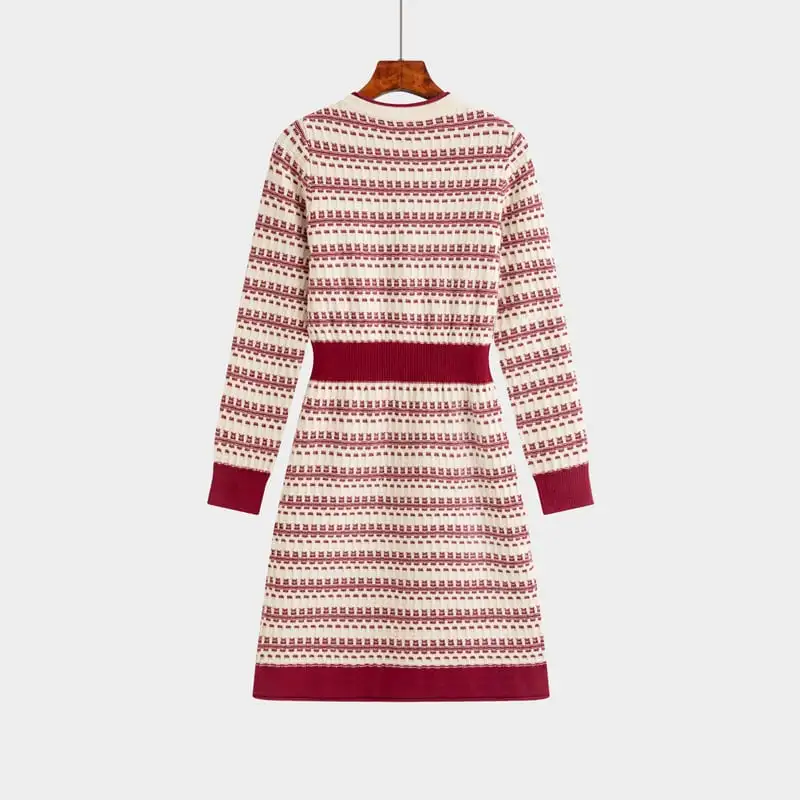 ワンピース ニット ラウンドネック ハイウエスト 配色 レッド