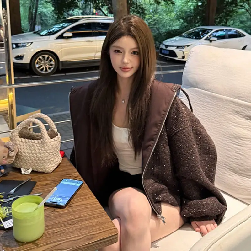 アウター ジップパーカー ツイード ゆったり 流行兆し コーヒー色