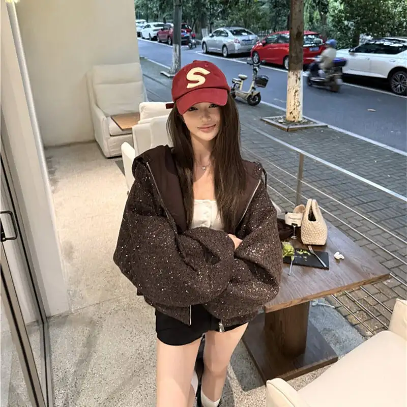 アウター ジップパーカー ツイード ゆったり 流行兆し コーヒー色