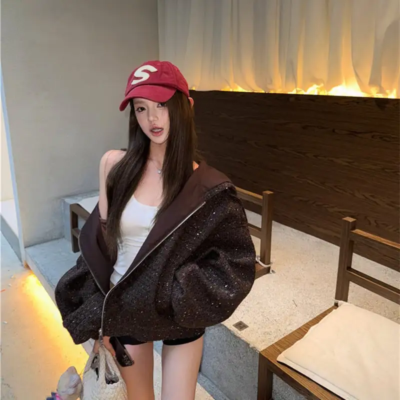 アウター ジップパーカー ツイード ゆったり 流行兆し コーヒー色