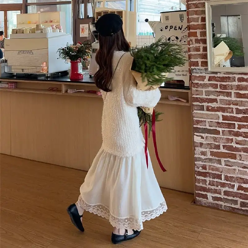 ワンピース スパンコール Vネック 長袖 ゆったり ライトベージュ