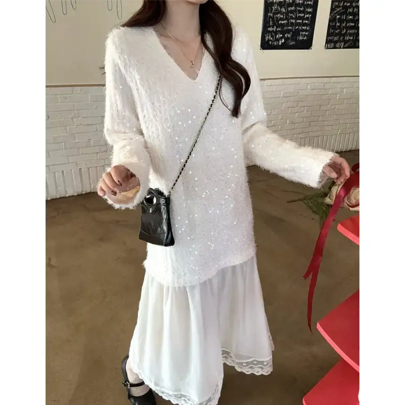 ワンピース スパンコール Vネック 長袖 ゆったり ライトベージュ