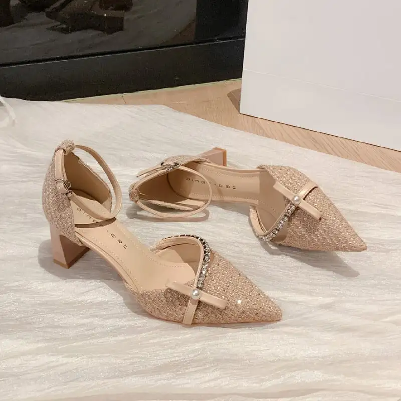 シューズ パンプス ツイード  ローヒール ブラック ライトブラウン 6CM