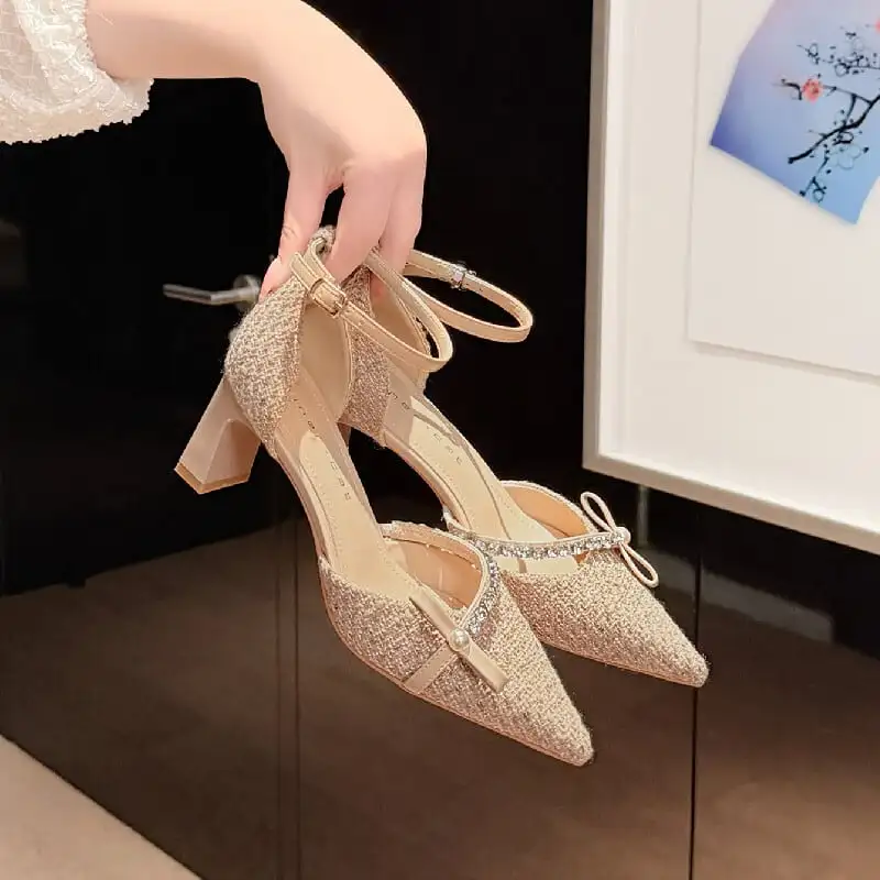 シューズ パンプス ツイード  ローヒール ブラック ライトブラウン 6CM