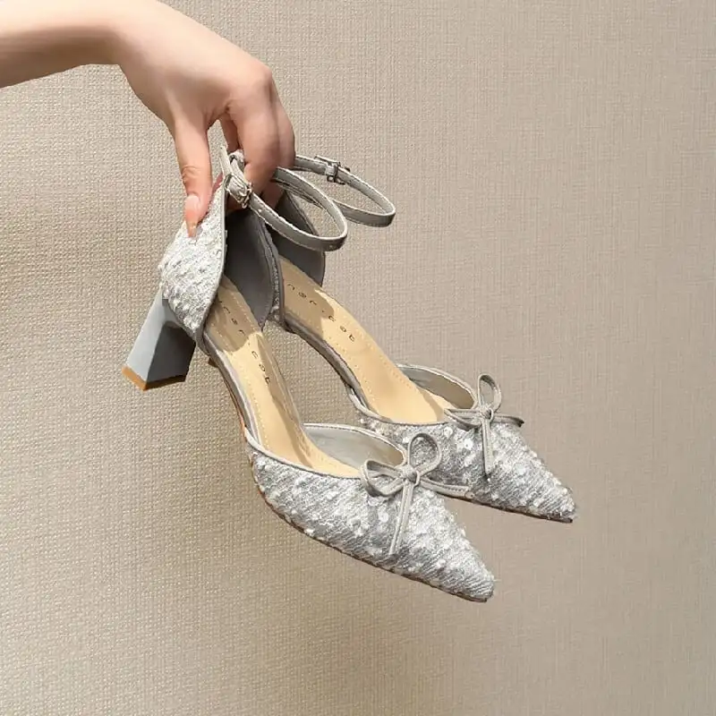 2colors シューズ パンプス スパンコール ローヒール グレー ベージュ 6CM