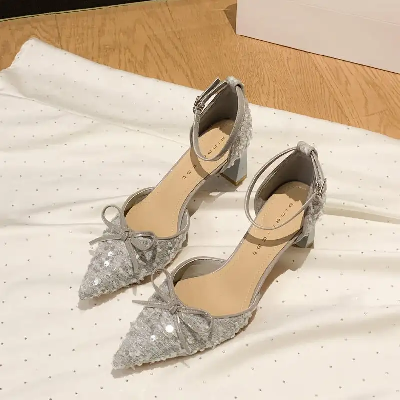 2colors シューズ パンプス スパンコール ローヒール グレー ベージュ 6CM