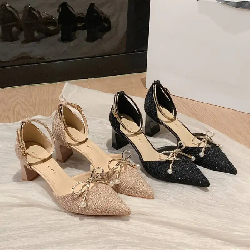 シューズ パンプス ツイード ストラップ＆蝶リボン ローヒール ブラック ライトブラウン 6CM