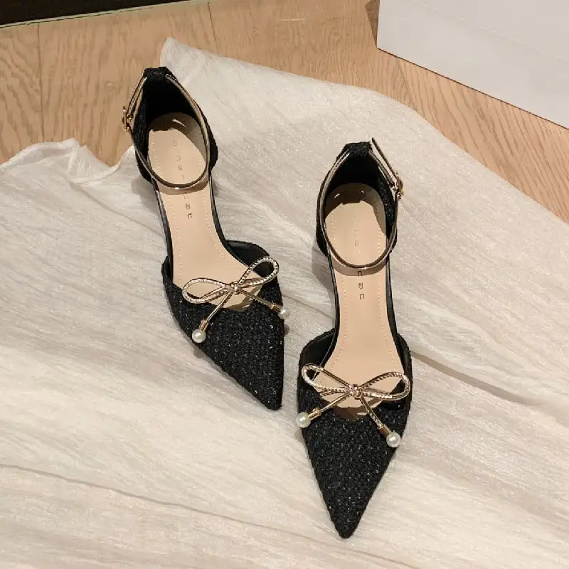 シューズ パンプス ツイード ストラップ＆蝶リボン ローヒール ブラック ライトブラウン 6CM